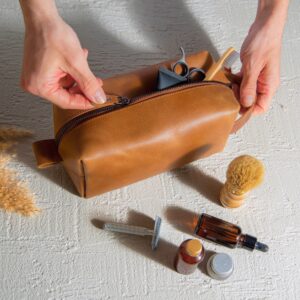 Leather Toiletry Bag NZ with shaving items