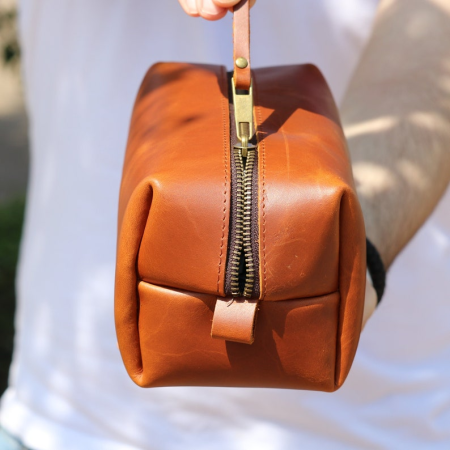 Leather Toiletry Bag NZ in light Brown Color with chain